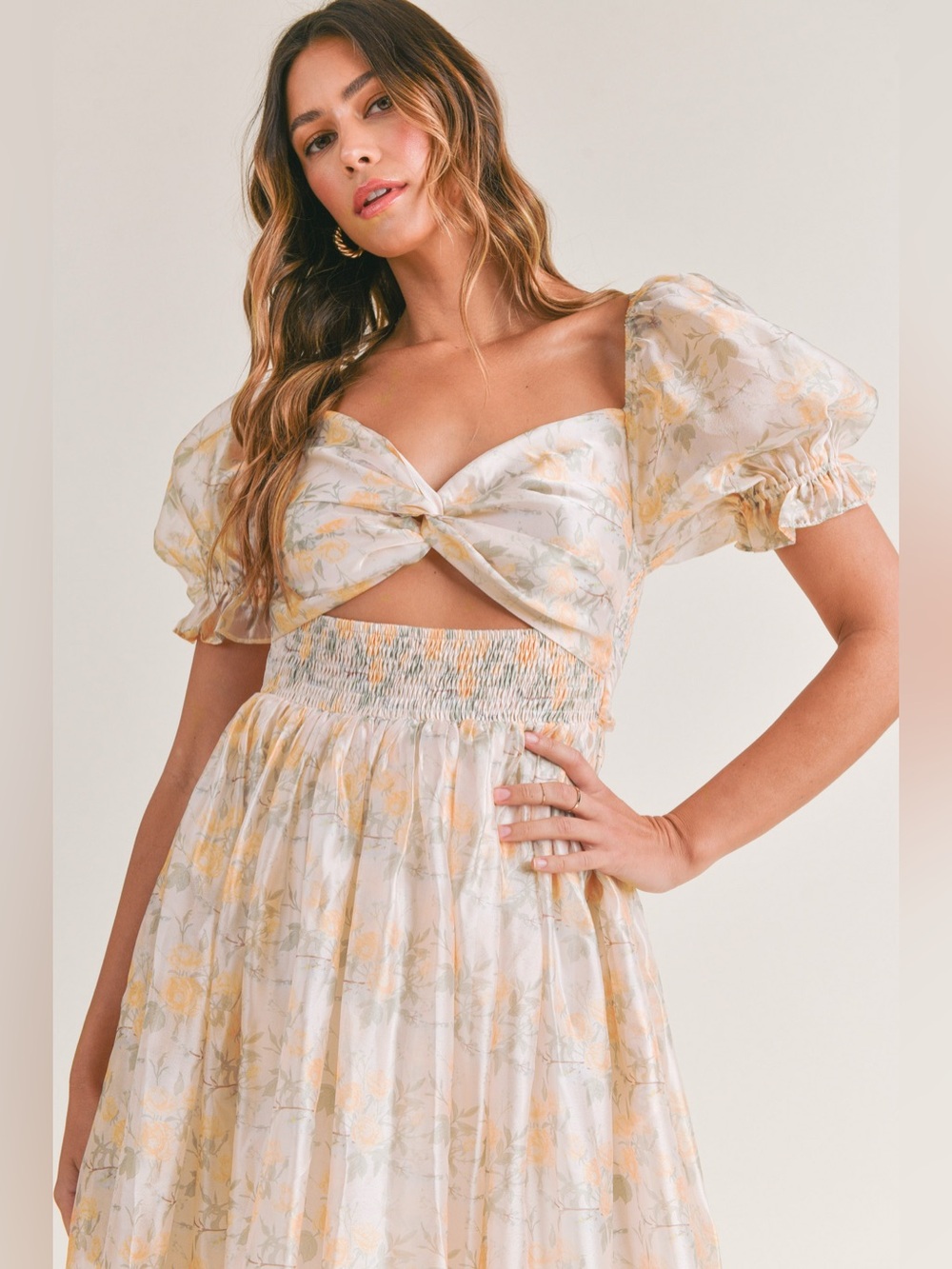 Mable Floral Twist-Front Puff Sleeve Maxi Dress in Soft Yellow